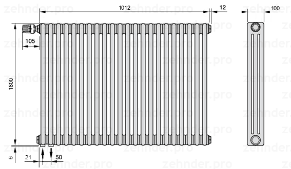 Схема (чертеж) Радиатор Zehnder Charleston 3180/22 №V001 Белый глянцевый RAL 9016